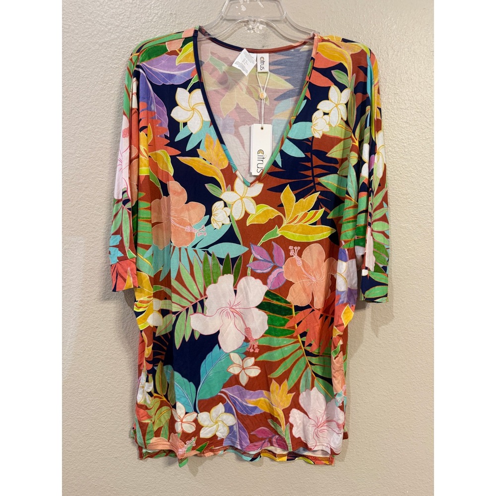 Citrus Womens Tropical Floral V-Neck Top Orange Navy Hibiscus Print XS NEW